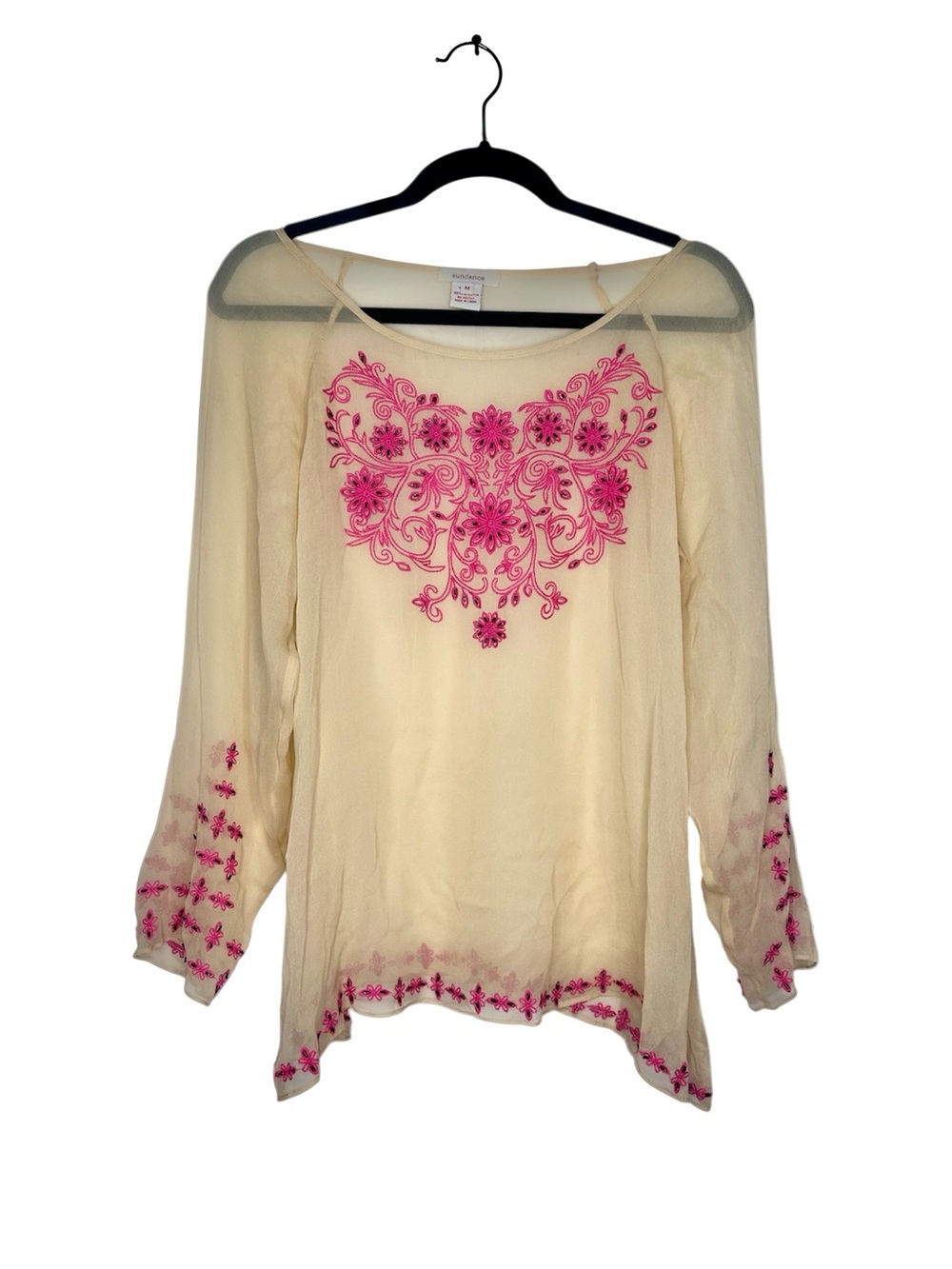 100% Silk Sundance Yellow Long Sleeve w Pink Embroidered Black Beads